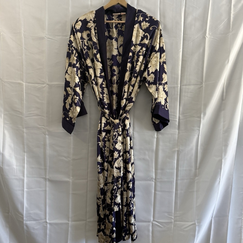 Adonna Woman 1X Blue Tan Floral Satin Belted Robe Kimono Loungewear Sexy Classy